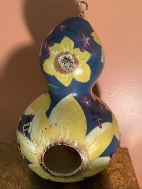 Hand-Painted Sunflower Themed Gourd Birdhouse - Blue & Yellow